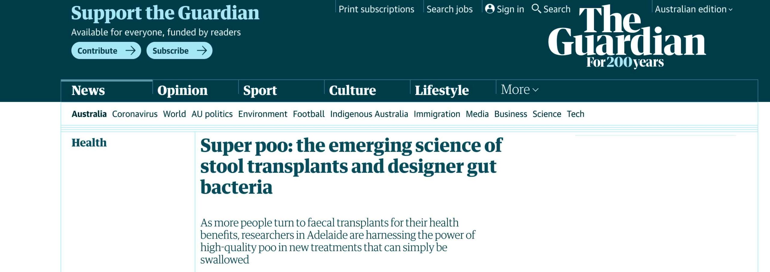 Read more about the article In the Media: Super poo: the emerging science of stool transplants and designer gut bacteria